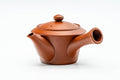 Side profile of the teapot with the spout to the left and handle to the right.