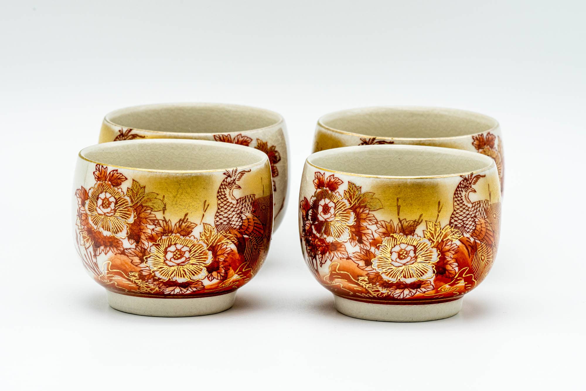 Japanese Tea Set - Red Floral Peacock Kutani-yaki Kyusu Teapot with 4 Yunomi Teacups