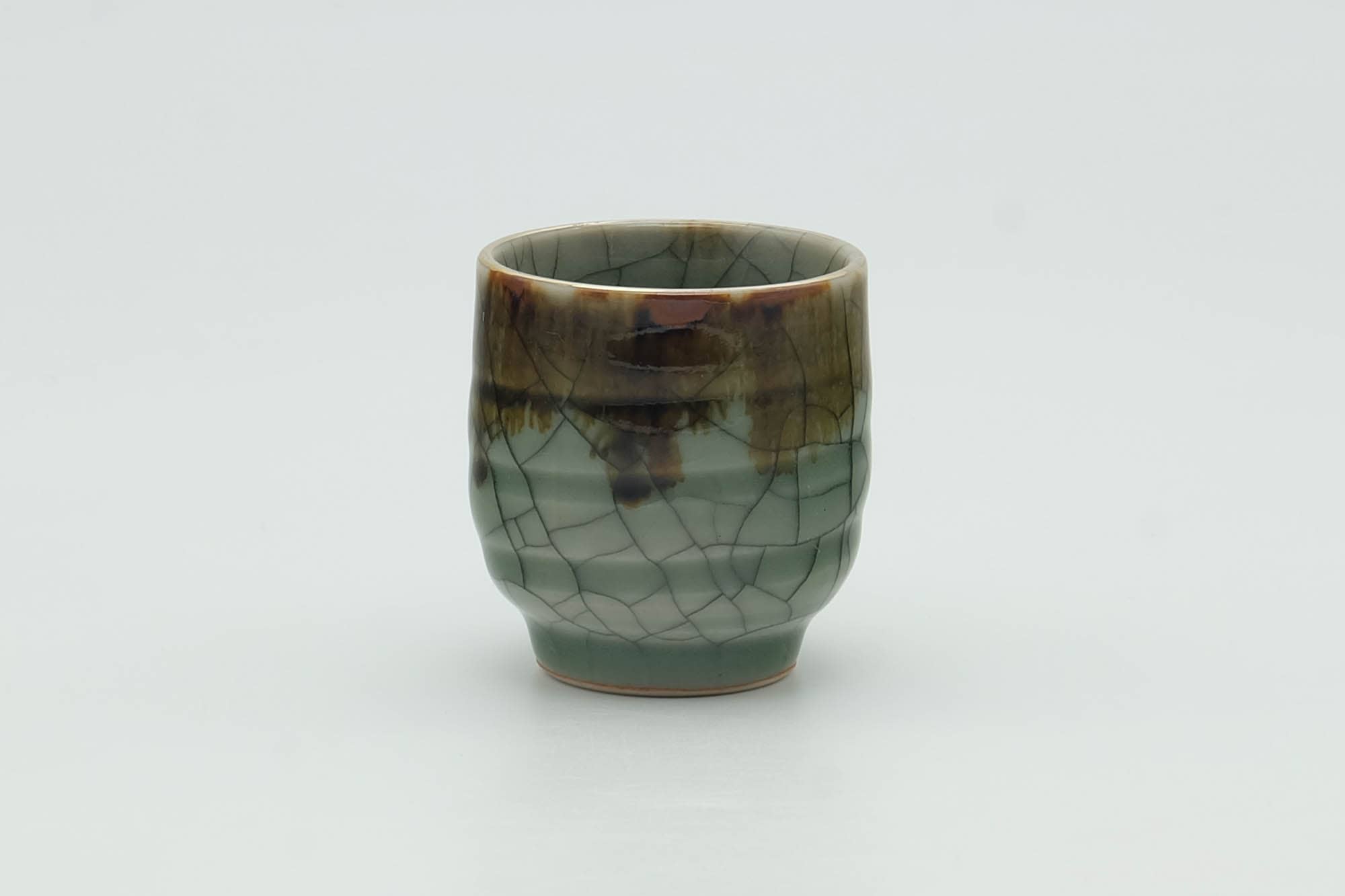 Japanese Teacup - Brown Drip-Glazed Crazed Green Celadon Obori Soma-yaki Guinomi - 40ml