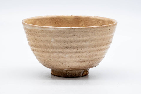Biwa-iro Hagi chawan, front view showing the mellow loquat glaze and gently flaring rim