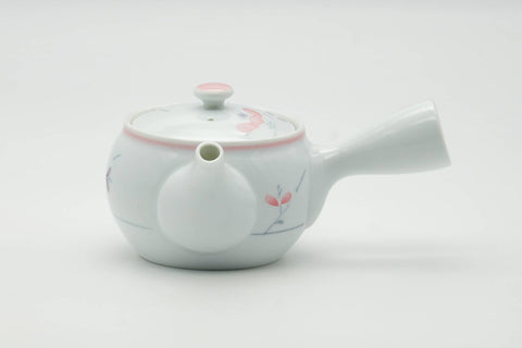 Tezumi — Japanese Kyusu - Floral White Porcelain Arita-yaki Ceramic Filter Teapot - 200ml — side view with the lid and side handle