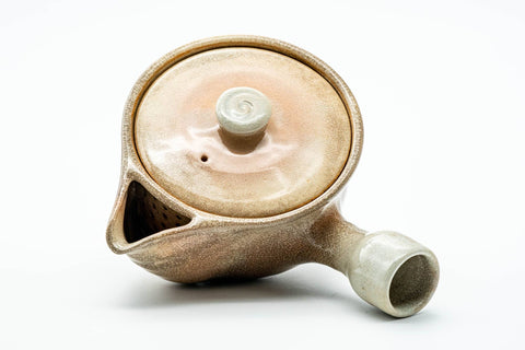 Japanese Kyusu - Weathered Beige Glazed Hagi-yaki Ceramic Filter Teapot - 240ml - overhead view showing the lid and side handle