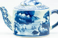 Japanese Kyusu - Blue Geometric Mountainous Motif Porcelain Do-ake Ushirode Teapot - 550ml - side view showing the blue painted scene