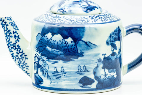 Japanese Kyusu - Blue Geometric Mountainous Motif Porcelain Do-ake Ushirode Teapot - 550ml - side view showing the blue painted scene