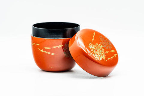 Japanese Natsume - Orange Lacquer Gold Geometric Matcha Tea Caddy - 100ml - lid leaned on the body showing the black interior and gold design