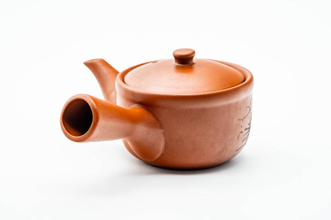 Japanese Kyusu - Mountainous Red Shudei Tokoname-yaki Mesh Teapot - 270ml - three-quarter view from the spout side