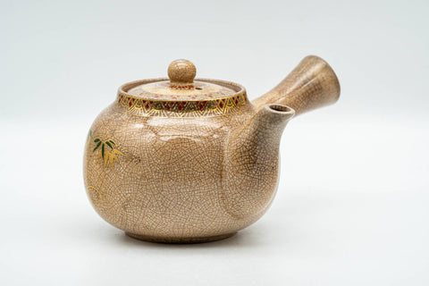 Tezumi — Japanese Kyusu - Weathered Beige Floral Bamboo Decorated Debeso Teapot - 270ml — side view with the lid and side handle
