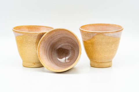 Japanese Teacups - Set of 3 Small Beige Drip-Glazed Hagi-yaki Guinomi - 35ml