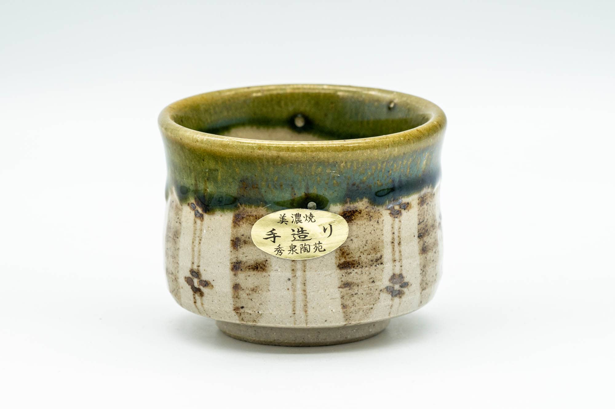 Japanese Teacup - Floral Green Drip-Glazed Oribe-yaki Guinomi - 50ml