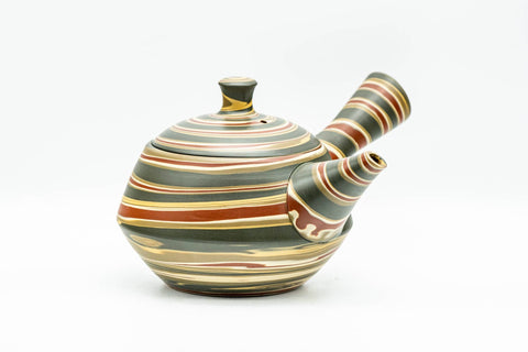 Japanese Kyusu - Green, Red, and Yellow Swirling Nerikomi Tokoname-yaki Do-ake Teapot - 240ml - three-quarter view showing the spout
