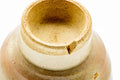 Close-up of the interior base showing the peach gohonte spots and crazed glaze.