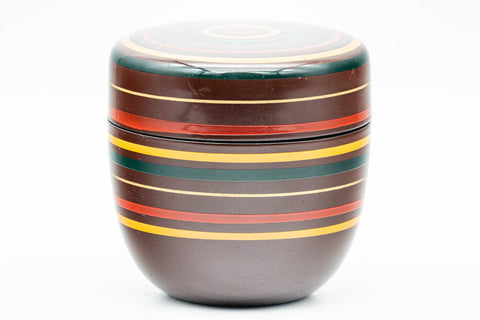 Japanese Natsume - Burgundy Green Yellow Striped Lacquer Matcha Tea Caddy - 100ml - Tezumi