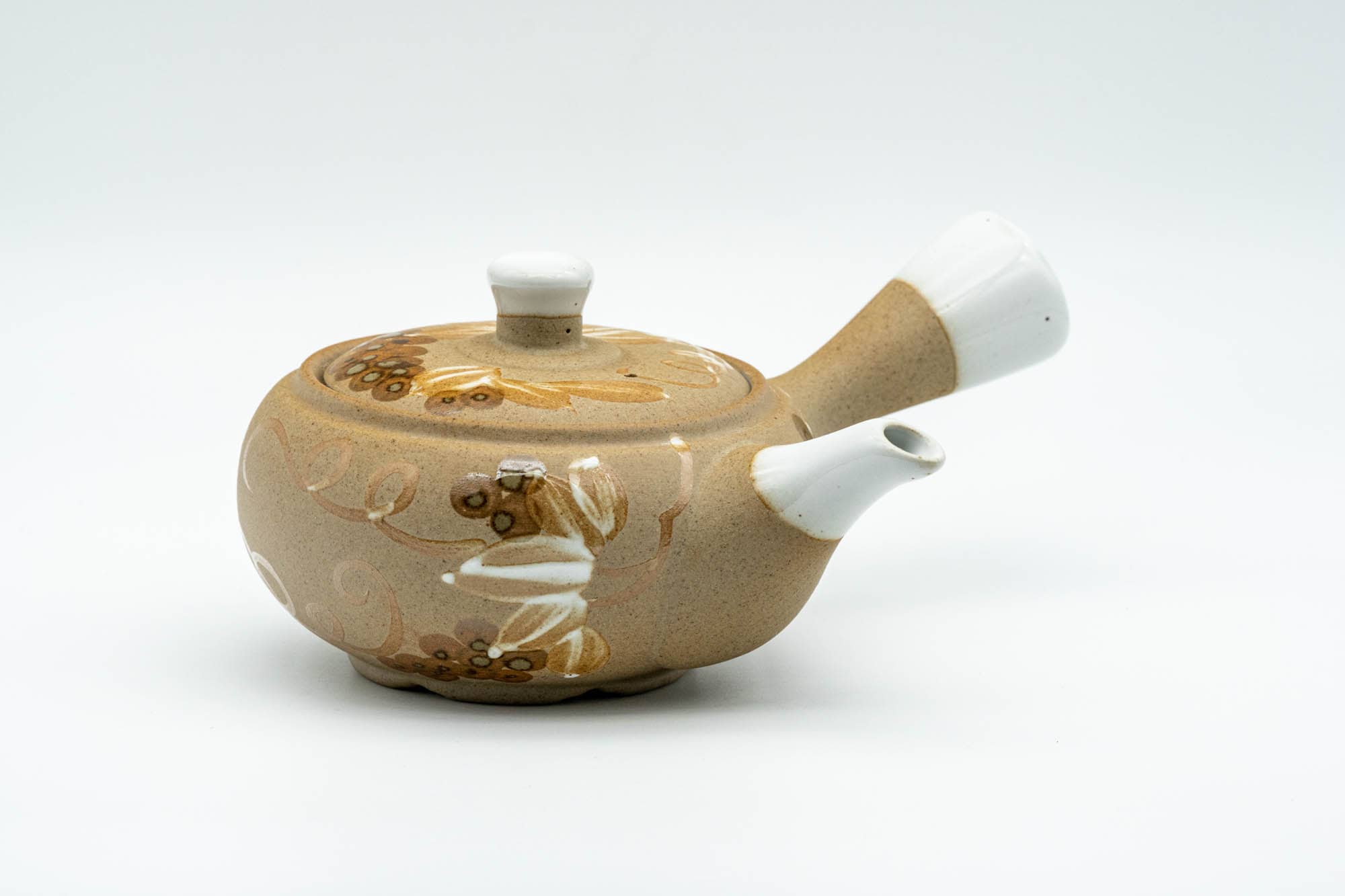 Japanese Kyusu - Floral Beige Glazed Porcelain Teapot - 300ml - Tezumi