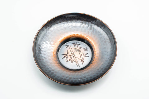 Japanese Chataku - Set of 5 Hammered Copper Uniquely Engraved Tea Saucers with Chasaji Tea Scoop in Wooden Box
