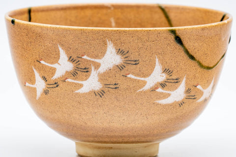 Japanese Matcha Bowl - Beige Glazed Soaring Egrets Kyo-yaki Chawan - 500ml