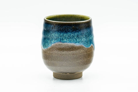 Japanese Teacup - Blue Hare's Fur Drip Glazed Yunomi - 115ml - front view showing the hare's fur drip-glaze