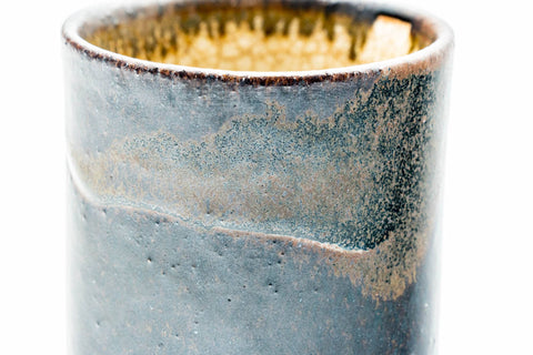 Japanese Teacups - Pair of Matte Drip-Glazed Meoto Yunomi - closeup of the rim and interior showing the beige glaze and slate drip exterior