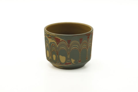 Tezumi — Japanese Teacup - Faceted Green Yellow Red Nerikomi Yunomi - 110ml — front view from another angle