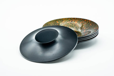 Japanese Chataku - Set of 5 Green Red Speckled Black Lacquer Tea Saucers