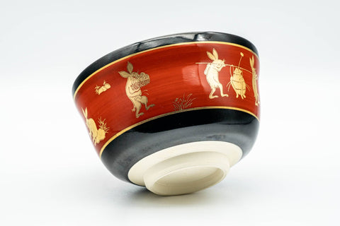 Japanese Matcha Bowl - Gold Bunny Rabbits Black Red Glazed Kyo-yaki Chawan - 350ml - Tezumi