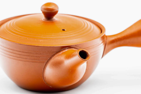Three-quarter view of the wide red kyusu showing the spout, lid on.