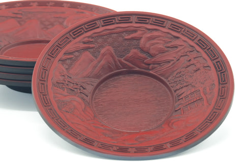 Japanese Chataku - Set of 5 Red Lacquer Kamakura-bori Landscape Tea Saucers