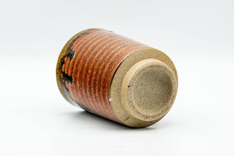 Japanese Teacup - Red Brown Drip-Glazed Spiraling Yunomi - 120ml - resting on side showing base