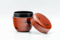 Japanese Natsume - Red Lacquer Spotted Matcha Tea Caddy - 80ml - three-quarter view with the lid removed and resting beside the open caddy