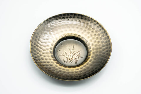 Japanese Chataku - Set of 5 Hammered Brass Uniquely Engraved Tea Saucers with Chasaji Tea Scoop in Wooden Box