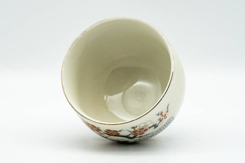 Japanese Teacup - Beige Red Chrysanthemums Kutani-yaki Yunomi - 130ml - tilted view showing rim and interior