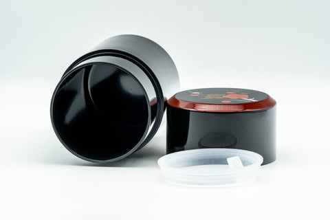 Japanese Chazutsu - Floral Black Lacquer Tea Canister - 200ml - canister with lid removed and set beside it