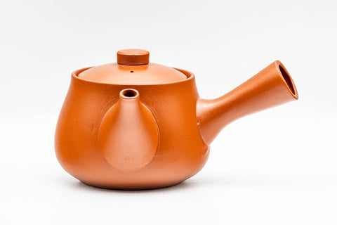 Japanese Kyusu - Bamboo Engraved Red Shudei Tokoname-yaki Ceramic Filter Teapot - 315ml - front view looking toward the spout and side handle