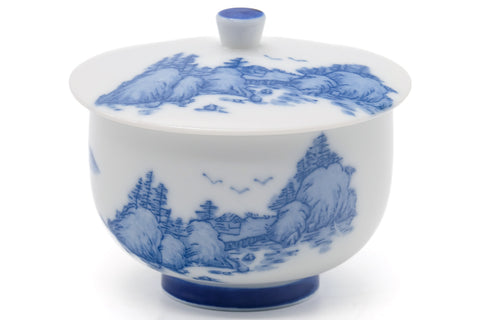 Tezumi — Japanese Teacup - Blue Mountainous Arita Lidded Yunomi - 175ml — inverted showing the foot ring