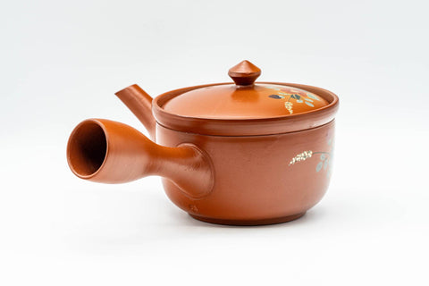 Tezumi — Japanese Kyusu - Floral Tokoname-yaki Mesh Teapot - 230ml — side view showing the spout