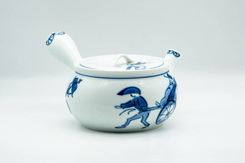 Japanese Kyusu - Blue Rickshaw Lamp Decorated White Porcelain Arita-yaki Debeso Teapot - 400ml