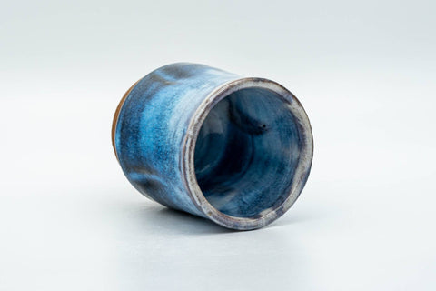 Tezumi — Japanese Teacup - Blue White Hare's Fur Glazed Waisted Yunomi - 130ml — three-quarter view