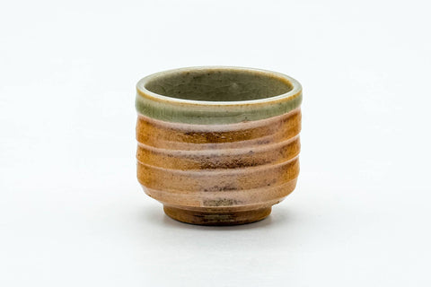 Tezumi — Japanese Teacup - Orange Green Spiraling Shigaraki-yaki Guinomi - 30ml — front view from another angle