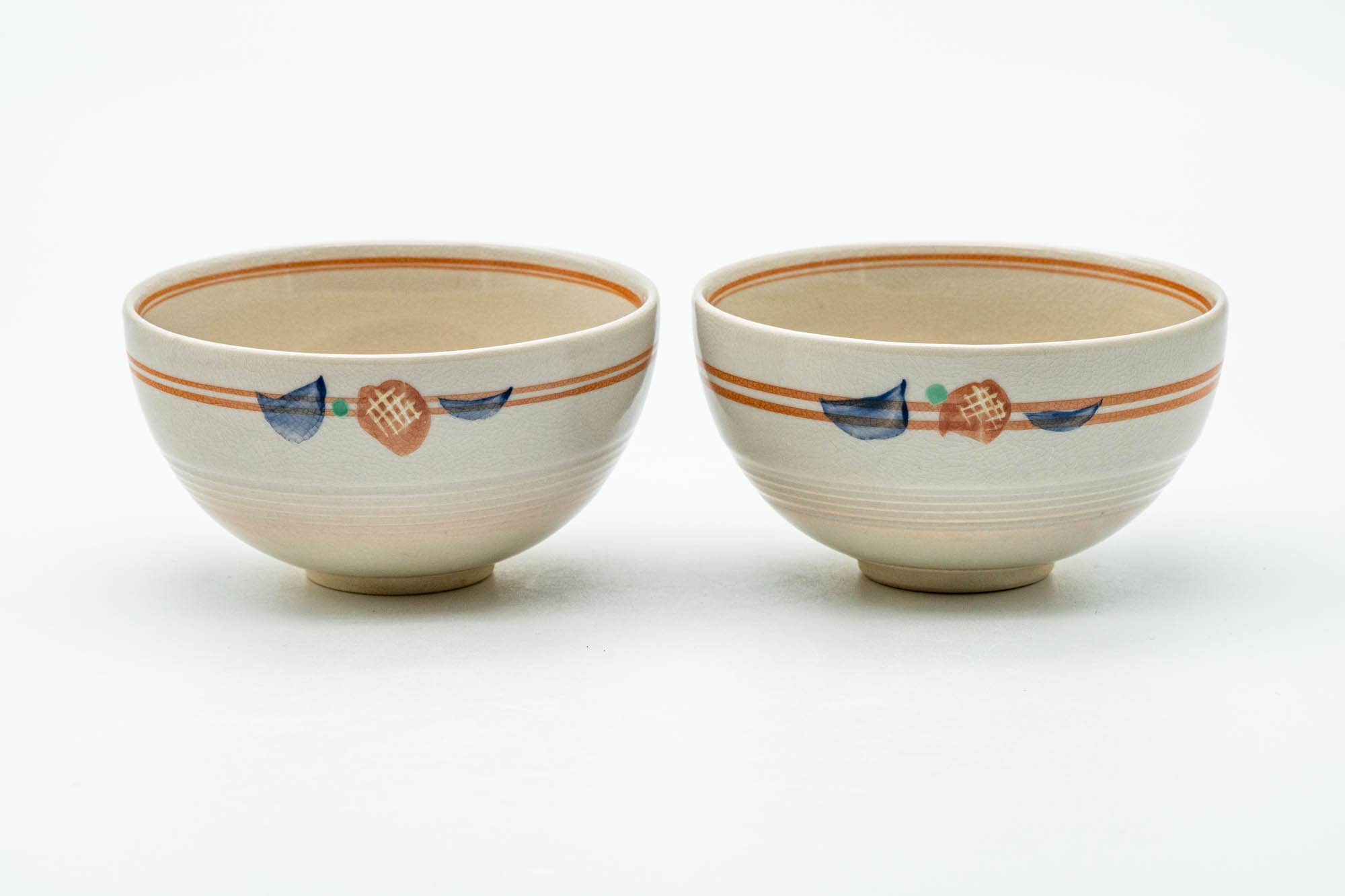 Japanese Teacups - Pair of Beige Striped Kyo-yaki Yunomi - 140ml