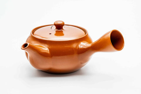 Side view of the red kyusu with the handle to the right, lid on, showing the spout.