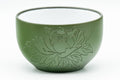 Japanese Teacups - Pair of Green Ryokudei Tokoname-yaki Yunomi - 120ml - closeup of one cup showing the engraved floral decoration on the green glaze