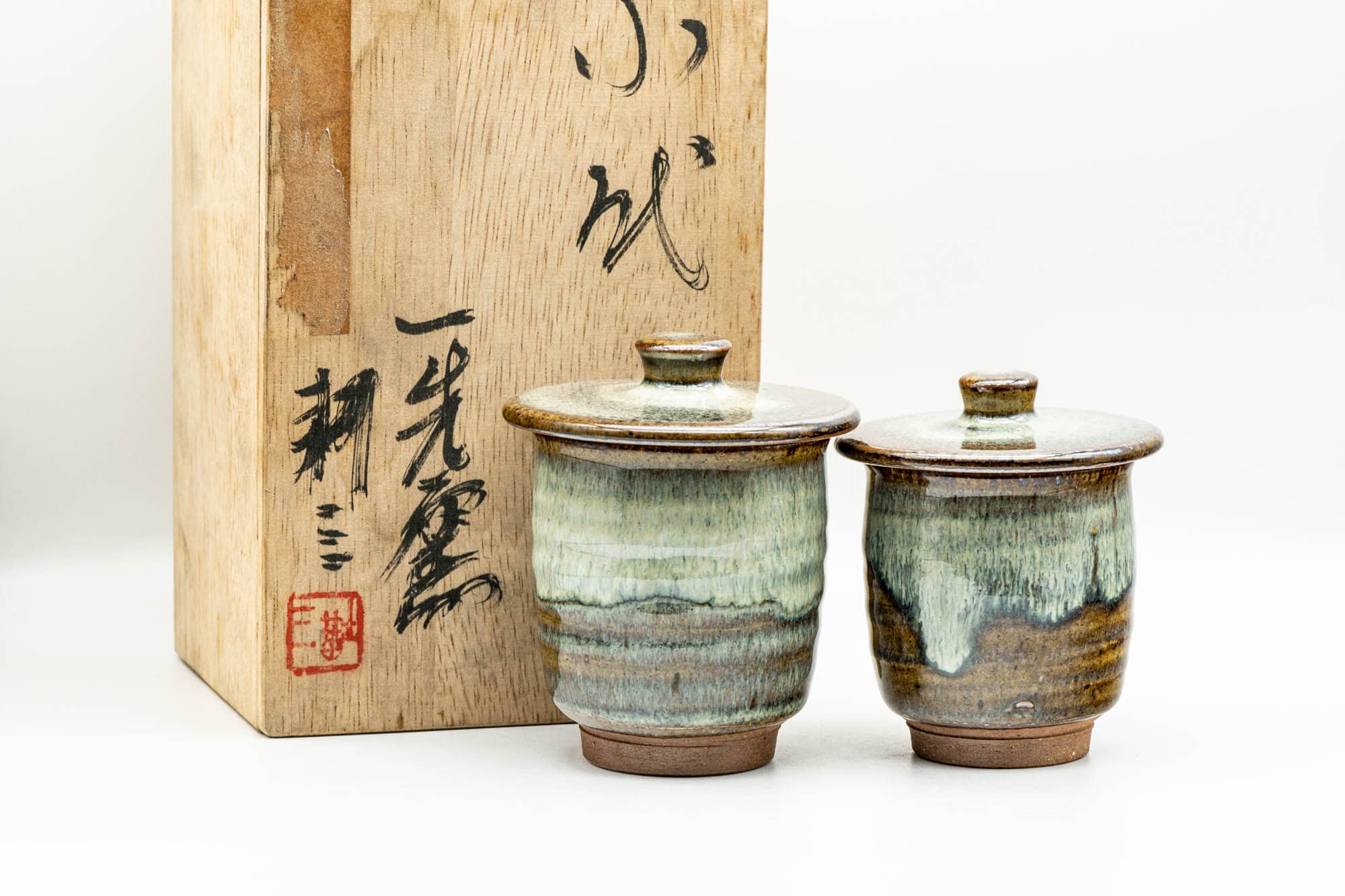 Japanese Teacups - Pair of Beige Hare's Fur Drip-Glazed Lidded Meoto Yunomi with Wooden Box