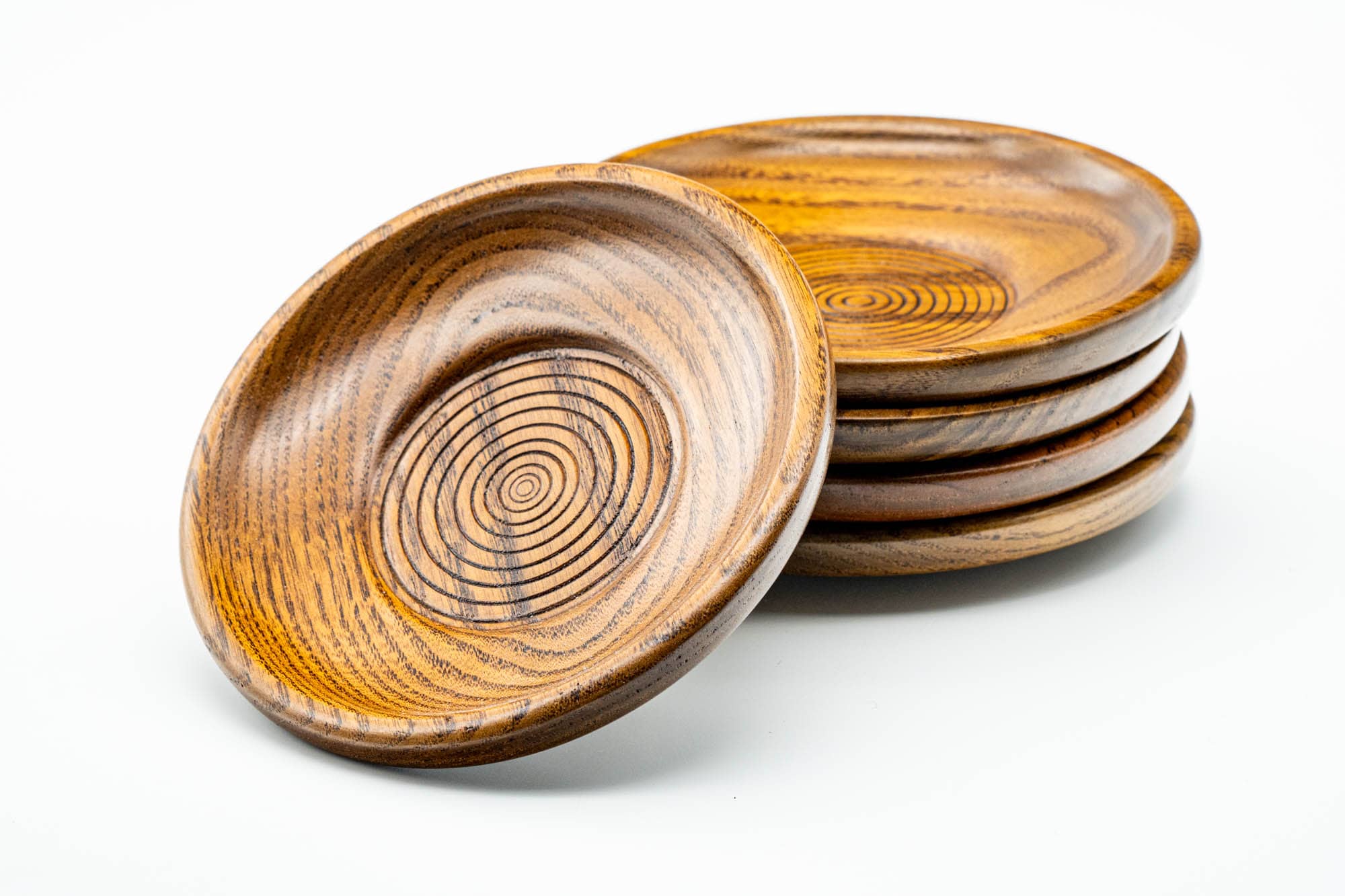 Japanese Chataku - Set of 5 Spiraling Wooden Tea Saucers