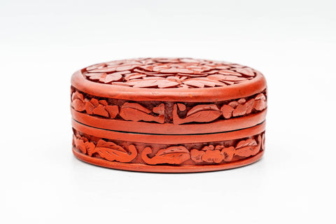 Japanese Kogo - Carved Camellia Red Black Lacquer Incense Container