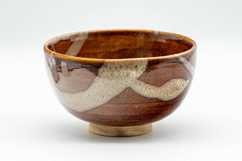 Japanese Matcha Bowl - Mottled Orange Glaze Wan-nari Chadamari Chawan - 300ml - side profile view showing the mottled orange and beige glaze