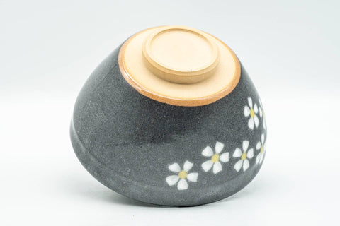 Japanese Matcha Bowl - Small Floral Grey Celadon-Glazed Tenmoku-gata Chawan 200ml - inverted view showing the base and foot