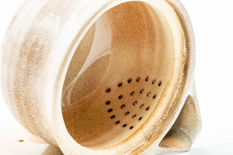 Japanese Kyusu - Weathered Beige Glazed Hagi-yaki Ceramic Filter Teapot - 240ml - interior view with the lid removed, showing the perforated ceramic filter near the spout