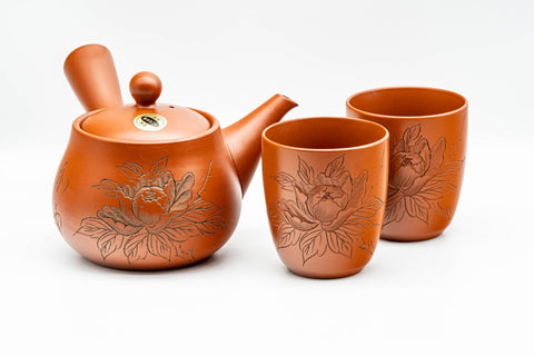 Japanese Tea Set - Camellia Engraved Tokoname-yaki Kyusu Teapot with 2 Yunomi Teacups