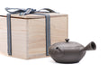 Mogake yakishime unglazed Tokoname kyusu teapot with side handle - shown beside its presentation box