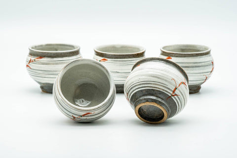 Japanese Tea Set - Grey White Hakeme Brush Glazed Kyusu Teapot with 5 Yunomi Teacups