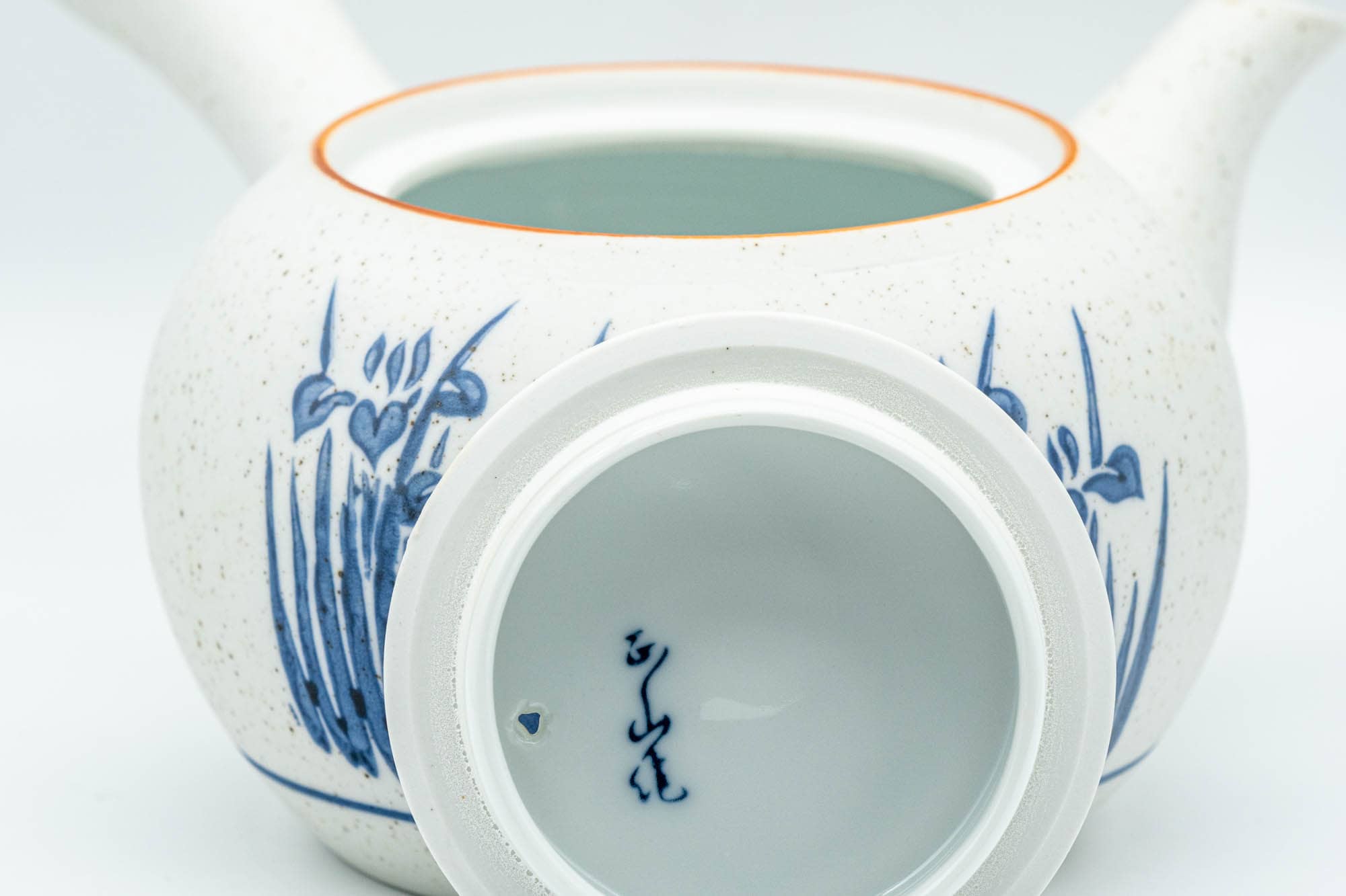 Japanese Tea Set - Blue Floral White Matte Glazed Arita-yaki Debeso Kyusu Teapot with 5 Yunomi Teacups - Tezumi